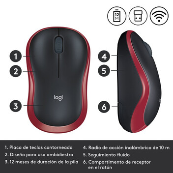 Logitech M185 Ratón Inalámbrico 1000 DPI Negro/Rojo
