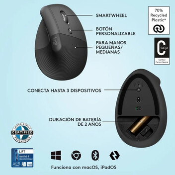 Logitech Lift Ratón Inalámbrico Vertical para Diestros 4000 DPI Gris-Negro