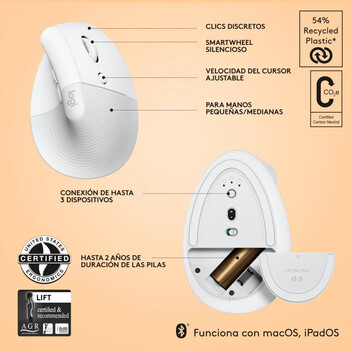 Logitech Lift para Mac Ratón Inalámbrico Vertical 4000DPI Gris Pálido Logitech Lift para Mac Ratón Inalámbrico Vertical 4000DPI Gris Pálido