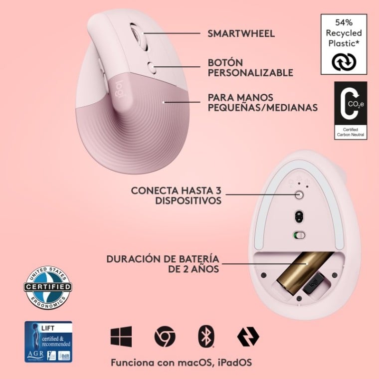 Logitech Lift Ratón Inalámbrico Vertical para Diestros 4000 DPI Rosa