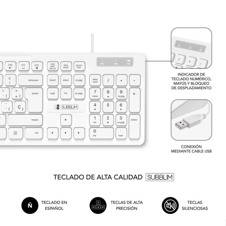 Subblim Business Slim Silencioso Teclado USB Blanco