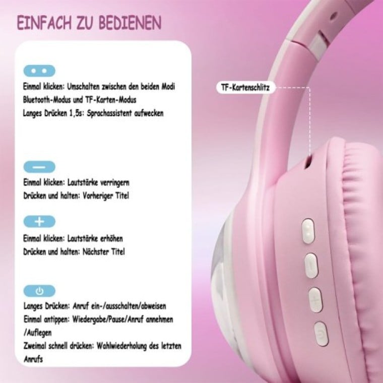 Kinsi AKZ-02 Auriculares Inalámbricos Orejas de Gato RGB Rosas