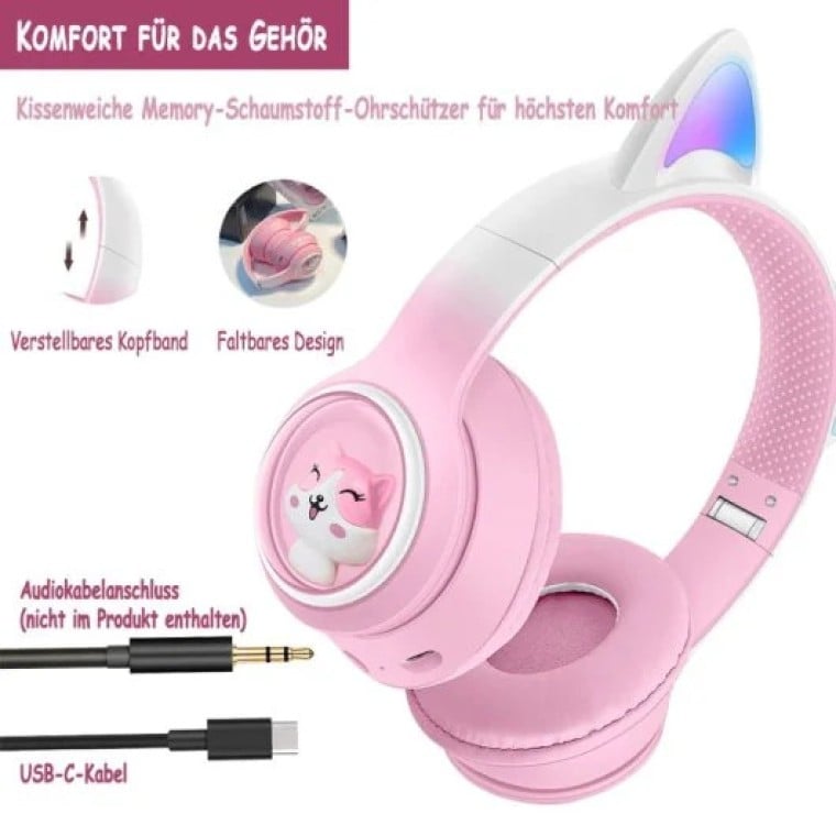 Kinsi AKZ-02 Auriculares Inalámbricos Orejas de Gato RGB Rosas