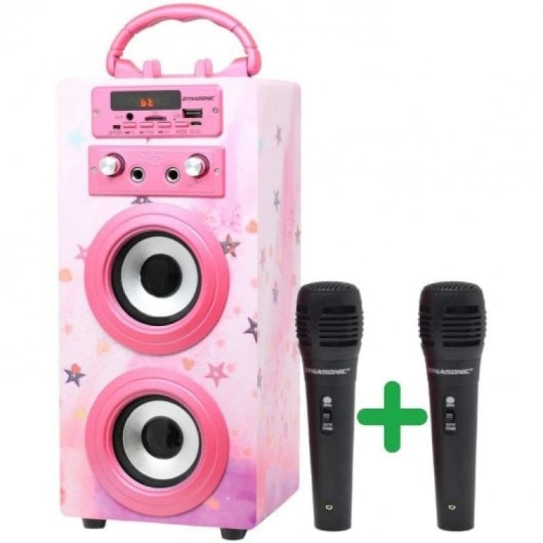 Dynasonic Karaoke 025 Altavoz Bluetooth con Karaoke y 2 Micrófonos Rosa Brillante