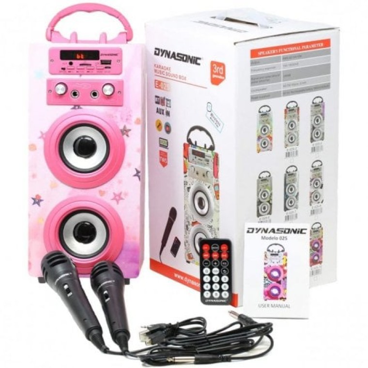 Dynasonic Karaoke 025 Altavoz Bluetooth con Karaoke y 2 Micrófonos Rosa Brillante