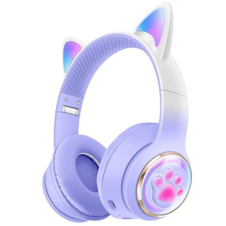 Kinsi AKZ 62 Auriculares Inalámbricos Orejas de Gato RGB Morados