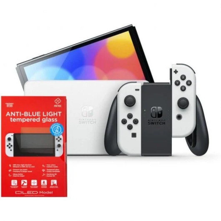 Nintendo Switch OLED Blanca + FR-TEC Anti Blue Light Protector Cristal Templado