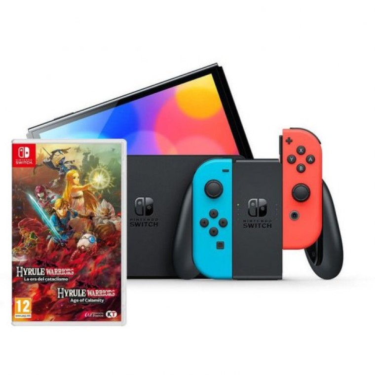 Nintendo Pack Switch OLED Azul Neón/Rojo Neón + Hyrule Warriors: La Era del Cataclismo