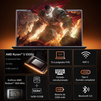 Portátil Vanwin NS215R-RTT 15.6" AMD Ryzen 5 5500U 16GB 512GB SSD FullHD Windows 11 Pro