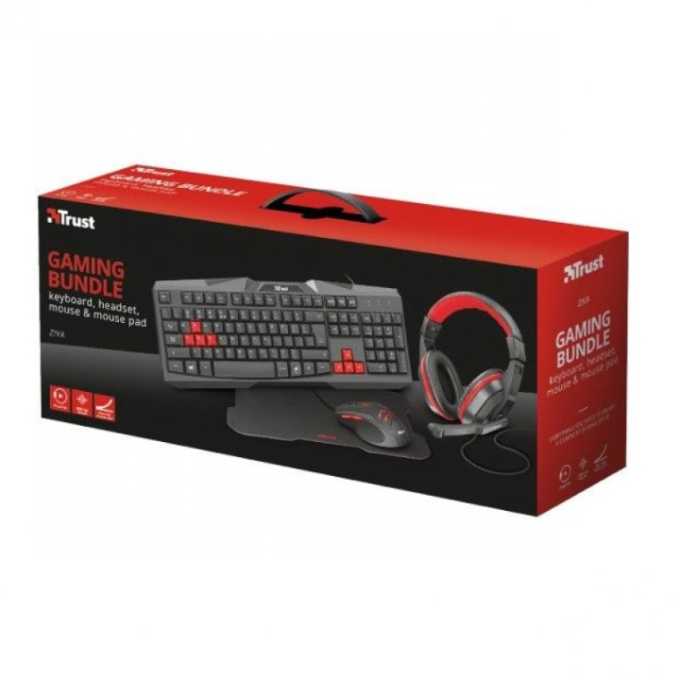 Trust Ziva Gaming Bundle Teclado + Ratón + Auriculares + Alfombrilla Negro/Rojo