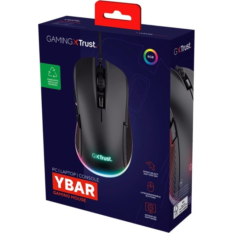 Trust GXT 922 YBAR Ratón Óptico Gaming USB RGB 7200DPI Negro