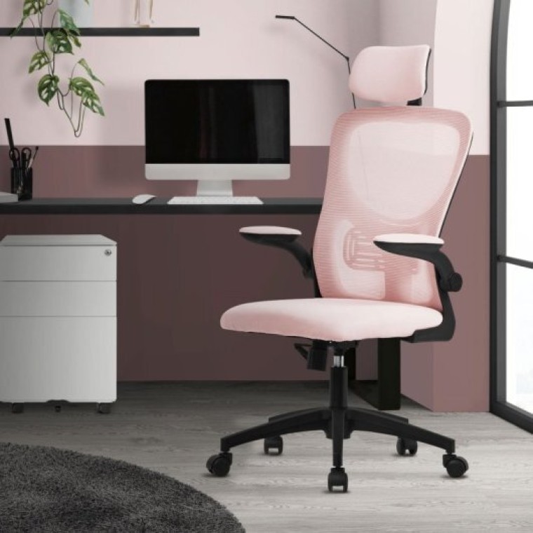 ML Design Silla de Oficina Ergonómica con Asiento Regulable y Reposacabezas Rosa