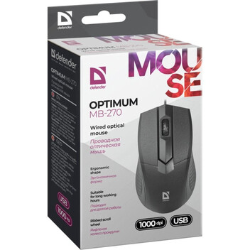 Ratón Defender Optimum MB-270 USB 1000 DPI Negro Ergonomía Office