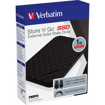 Disco Duro SSD Verbatim Store 'n' Go 1TB USB 3.2 Gen 1 Tipo C Portátil Negro Disco Duro SSD Verbatim Store 'n' Go 1TB USB 3.2 Gen 1 Tipo C Portátil Negro