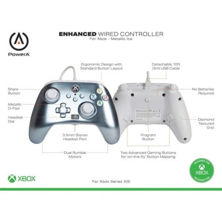 Power A Mando con Cable Gris Metálico para Xbox Series X / S / Xbox One / PC