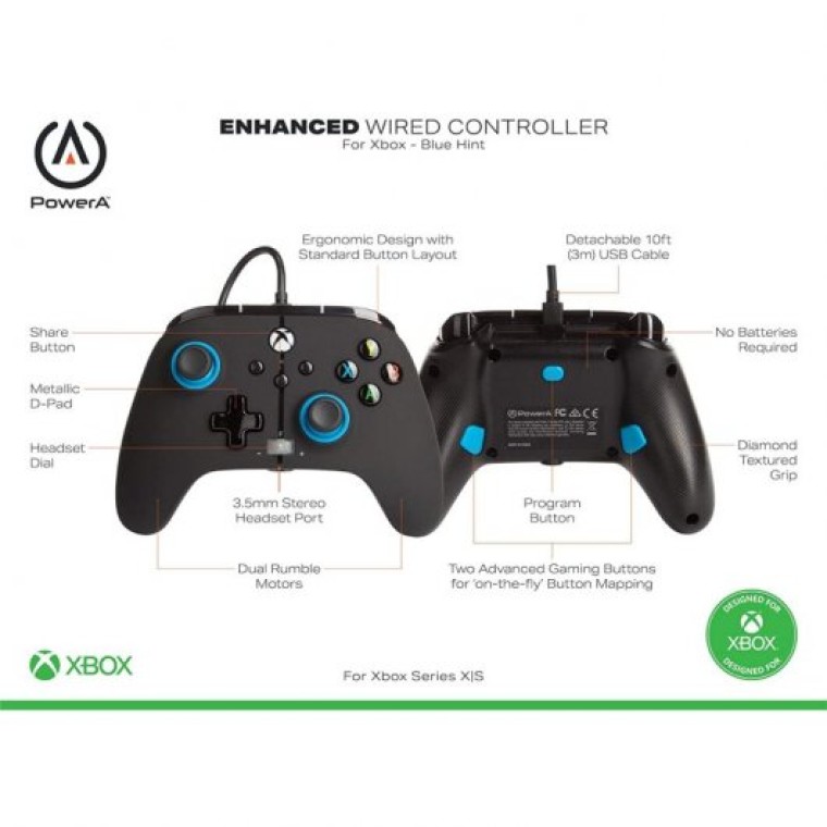 Power A Mando con Cable Hint Negro/Azul para Xbox Series X / S / Xbox One / PC