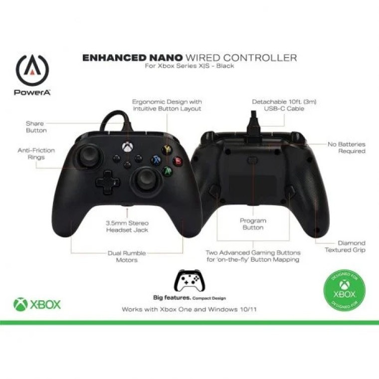 Power A Mando Mando Nano con Cable Negro para Xbox Series/PC