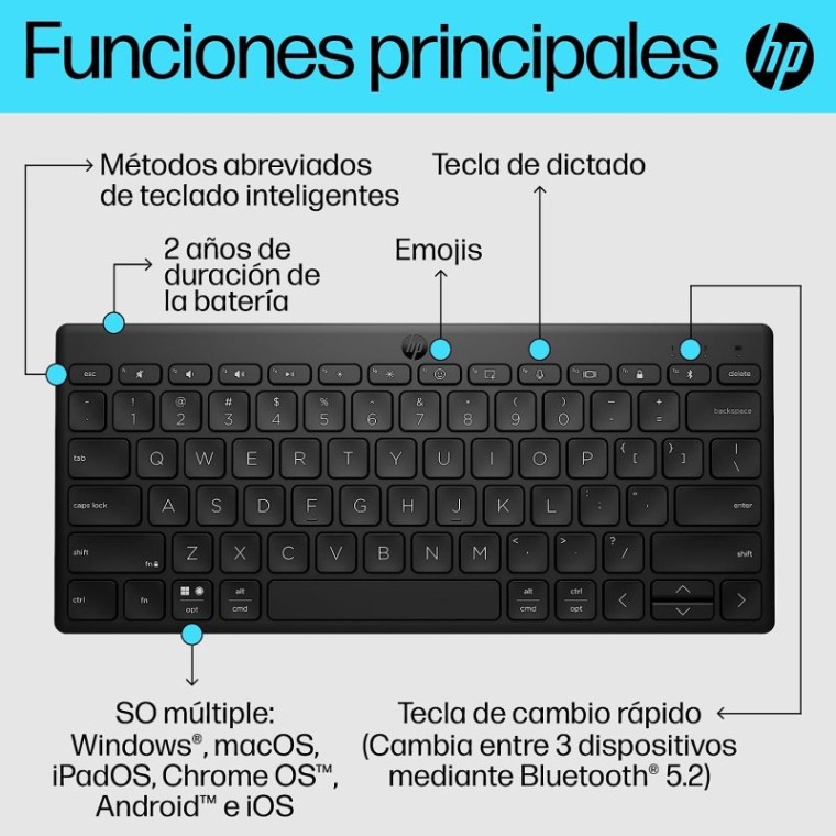 HP 350 Teclado Bluetooth Compacto PC, Mac, Android, iOS Negro