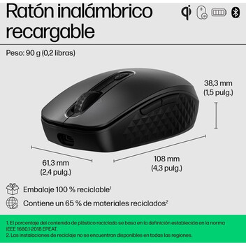Ratón HP inalámbrico recargable, 6 Botones Ajustables, Bluetooth, 4000 PPP, Rueda Inclinable, Negro