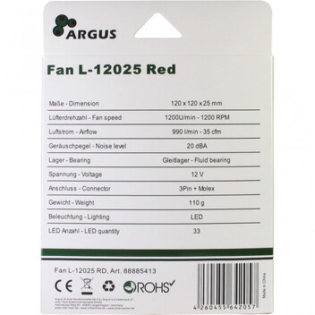 Inter-Tech L-12025 Ventilador 120mm LED Rojo