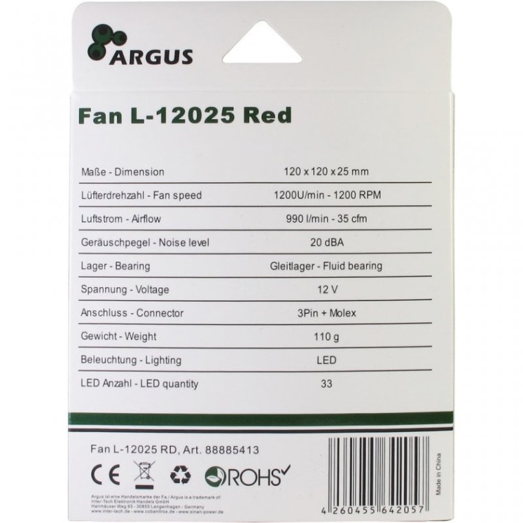 Inter-Tech L-12025 Ventilador 120mm LED Rojo