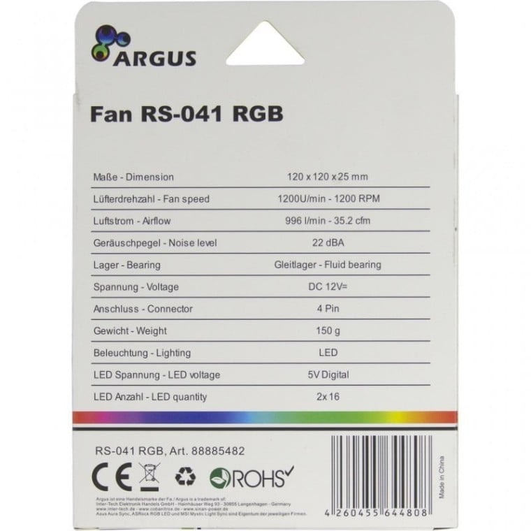 Inter-Tech Argus RS-041 RGB Ventilador 120mm Negro