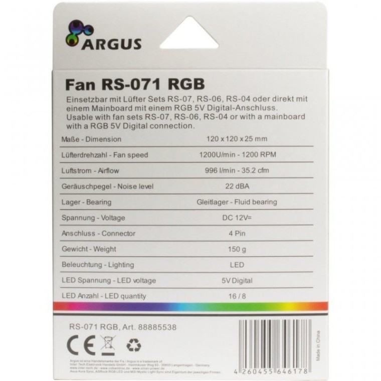 Inter-Tech Argus RS-071 RGB Ventilador RGB con Efecto Cristal 120mm