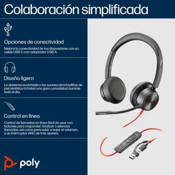 Poly Blackwire 8225 Auriculares Estéreo USB-C con Certificación Microsoft Teams + Adaptador USB-C/A