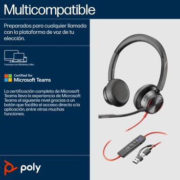 Poly Blackwire 8225 Auriculares Estéreo USB-C con Certificación Microsoft Teams + Adaptador USB-C/A