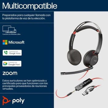 Poly Blackwire 5220 Auriculares Estéreo USB-C Negros + Conector de 3.5mm + Adaptador USB-C a USB-A