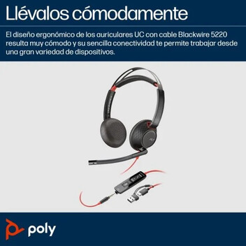Poly Blackwire 5220 Auriculares Estéreo USB-C Negros + Conector de 3.5mm + Adaptador USB-C a USB-A