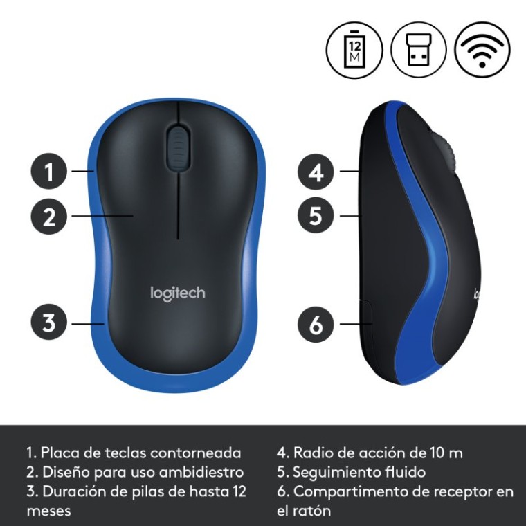 Logitech M185 Ratón Inalámbrico 1000DPI Azul