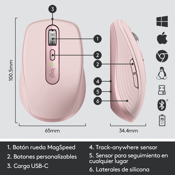 Logitech MX Anywhere 3 Ratón Compacto Inalámbrico 4000DPI Rosa