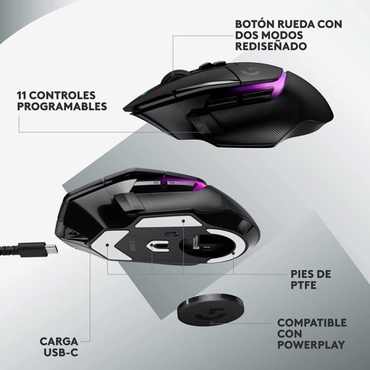 Logitech G502 X Plus Ratón Inalámbrico RGB Negro 25600DPI + Alfombrilla con Carga Inalámbrica Powerp