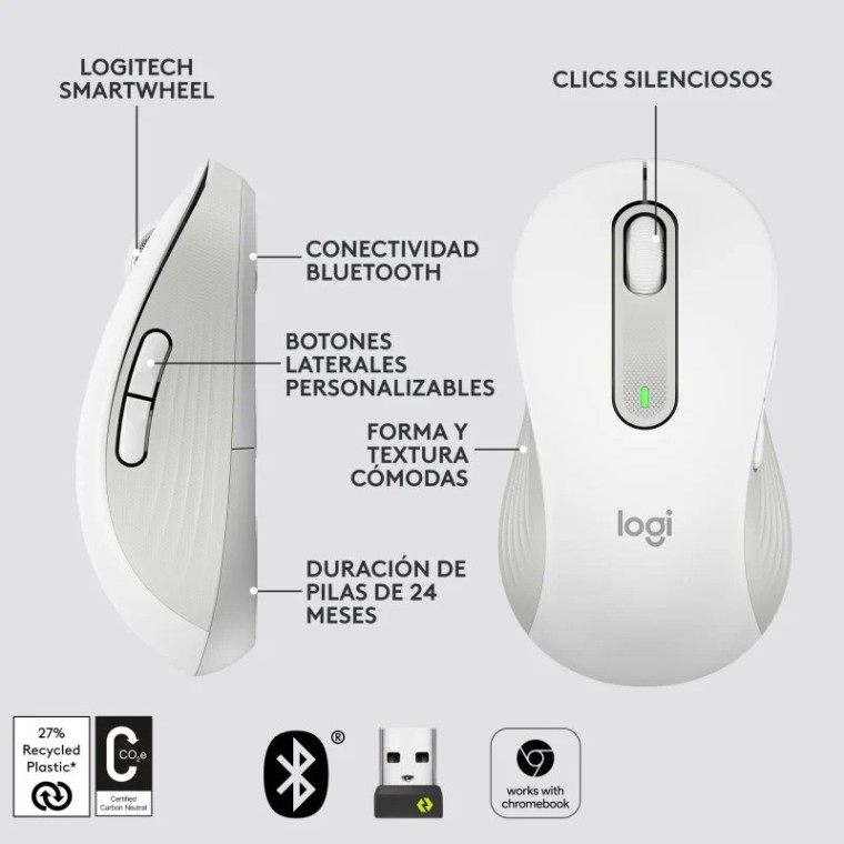 Logitech Signature M650 L Left Ratón Óptico Inalámbrico para Zurdos 2000DPI Blanco