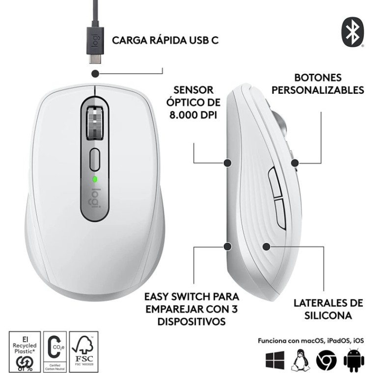 Logitech MX Anywhere 3S Ratón Inalámbrico Bluetooth Compacto Silencioso 8000 DPI Blanco