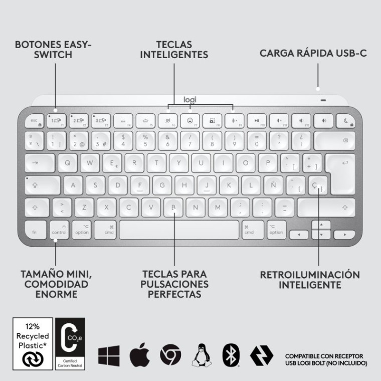 Logitech MX Keys Mini Teclado Inalámbrico Bluetooth Gris