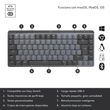 Logitech MX Mini Teclado Mecánico Retroiluminado Inalámbrico Grafito Layout US Logitech MX Mini Teclado Mecánico Retroiluminado Inalámbrico Grafito Layout US