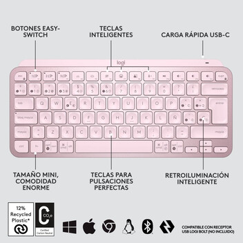 Logitech MX Keys Mini Teclado Inalámbrico Bluetooth Rosa Logitech MX Keys Mini Teclado Inalámbrico Bluetooth Rosa