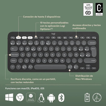Logitech Pebble Keys 2 K380s Teclado Bluetooth Multidispositivo Grafito Logitech Pebble Keys 2 K380s Teclado Bluetooth Multidispositivo Grafito