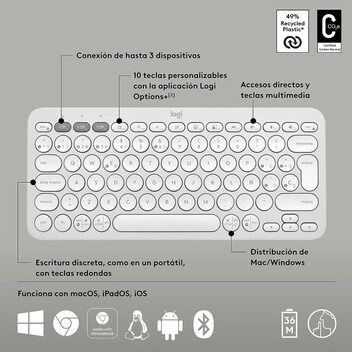 Logitech Pebble Keys 2 K380s Teclado Bluetooth Multidispositivo Blanco Logitech Pebble Keys 2 K380s Teclado Bluetooth Multidispositivo Blanco