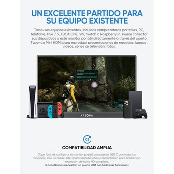Monitor ARZOPA 14" FullHD 60Hz IPS HDR Portátil USB-C HDMI MiniDP Altavoces