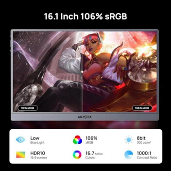 Monitor Arzopa 16.1" FullHD 144Hz IPS portátil sRGB 106% 780 g Aluminio USB-C HDMI Mini