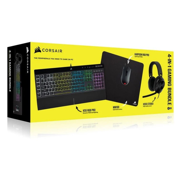 Corsair Pack Gaming Teclado K55 RGB PRO + Ratón HARPOON RGB PRO + Auriculares HS55 STEREO + MM100