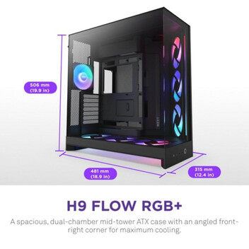 Torre PC Caja NZXT H9 Flow RGB+ Negro Vidrio Templado ATX EATX mATX Mini-ITX Iluminación Multi