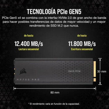 Corsair MP700 PRO 1TB SSD PCIe M.2 NVMe 2.0 Gen5 x4 con Refrigerador de Aire Corsair MP700 PRO 1TB SSD PCIe M.2 NVMe 2.0 Gen5 x4 con Refrigerador de Aire