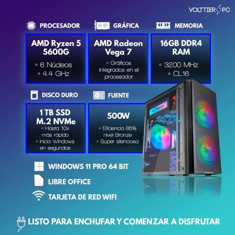 VolttierPC Pc Gaming Completo AMD Ryzen 5 5600G/16GB/1TB M.2 SSD/WiFi/Monitor 24"+Teclado/Ratón