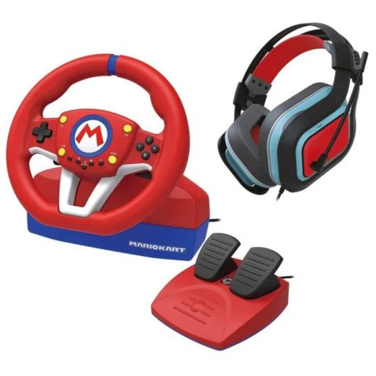 Pack Hori Mario Kart Racing Wheel Pro Mini Volante Nintendo Switch + Gioteck HC-9 Auriculares