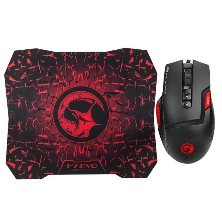 Scorpion M355+G1 Pack Ratón Gaming RGB 6400 DPI + Alfombrilla Negra/Roja