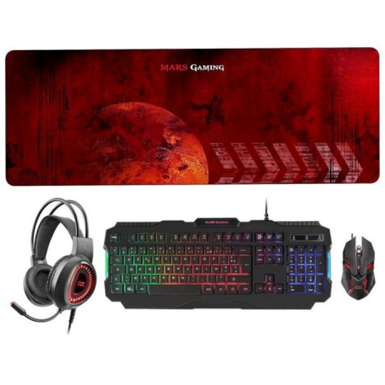 Mars Gaming MCPRGB2 Combo Gaming Teclado Francés + Ratón + Alfombrilla XXL + Auriculares Negros